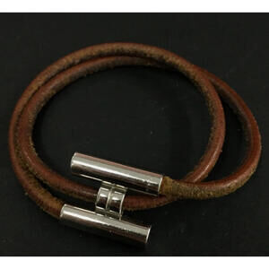 Authentic HERMES Tournis Tresse Bracelet Metal & Leather Brown